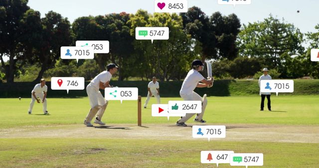 Diverse Cricket Players Engaged with Social Media Symbols on Field - Download Free Stock Images Pikwizard.com