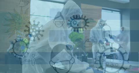 Team Disinfecting Workspace During Pandemic with Illustrative Overlays