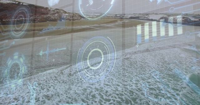 Futuristic digital overlay on coastal landscape for environmental data