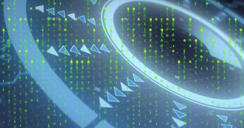 Displaying metallic ring in digital UI with streaming binary and directional arrows