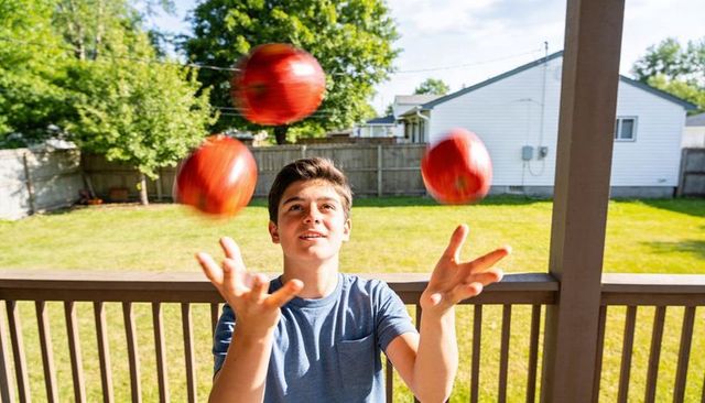 Teenager juggling three red apples on porch deck in sunny suburban backyard, casual t-shirt