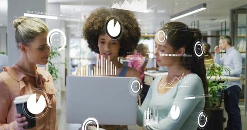 Coworkers Analyzing Data with AR Charts in Modern Office