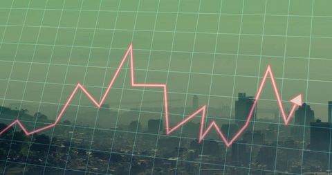 Neon pink jagged growth line over hazy city skyline with teal grid data visualization dashboard