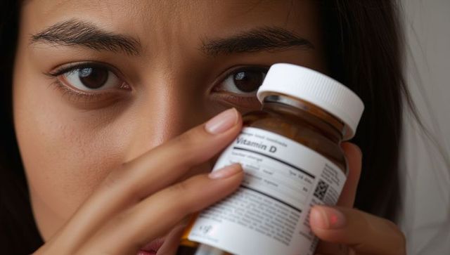 Close-up woman holding Vitamin D bottle showing label and painted pink nails