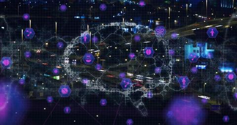 Digital Brain Network Visualization Over Night City with Futuristic Icons