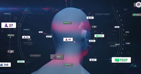 Virtual Dashboard with 3D Wireframe Head and Data Metrics