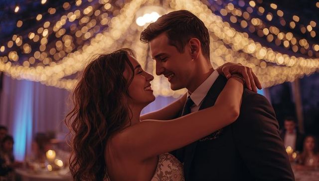 Newlyweds dancing under enchanting canopy of lights