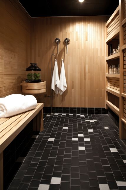 Modern Sauna with Wooden Interior and Hanging Towels - Download Free Stock Images Pikwizard.com