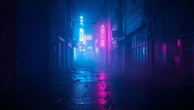 Neon-Lit Alley Receding into Fog at Night with Cyan and Magenta Reflections