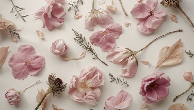 Delicate pink blossom flatlay arranging petals and green sprigs on creamy pastel backdrop