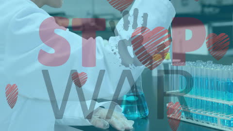 Stop War Overlay on Scientist with Pipette in Laboratory