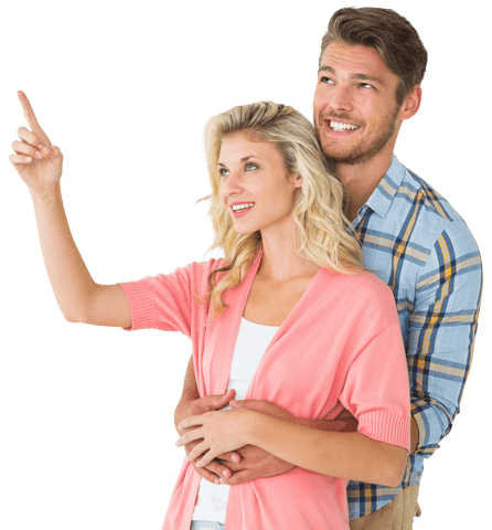 Happy Couple Embracing with Woman Pointing Outward Transparent Background