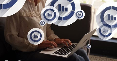 Caucasian Woman Analyzing Data on Laptop with Digital Icons - Download Free Stock Images Pikwizard.com