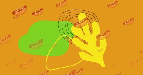 Abstract Hotdog Pattern with Yellow and Green Accents on Vibrant Orange