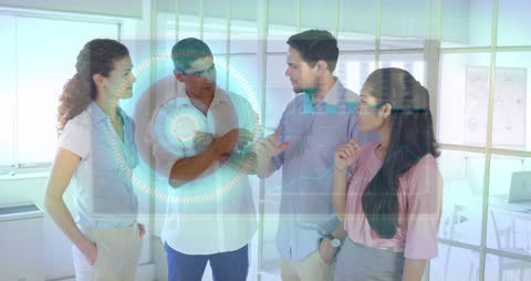 Business Team Discussing Financial Data Overlay in Modern Office