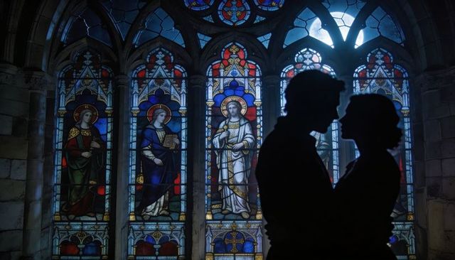 Silhouetted couple embracing before gothic stained glass windows under moonlight