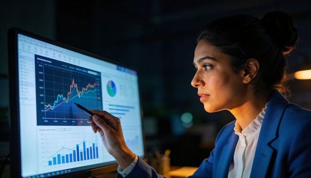 Businesswoman analyzing nighttime financial dashboard on monitor for investment insights
