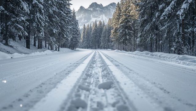 Tire tracks leading down snow-covered alpine road through golden-lit conifer forest
