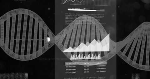 DNA Strand with Data Charts on Scientific Text Background