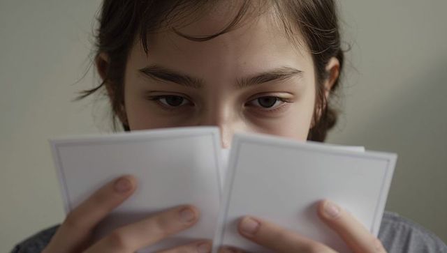 Teen girl examining two small white cards close up concentrating on study and focus