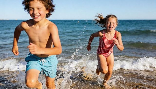 Sunlit children running through surf laughing and splashing at sandy beach shoreline