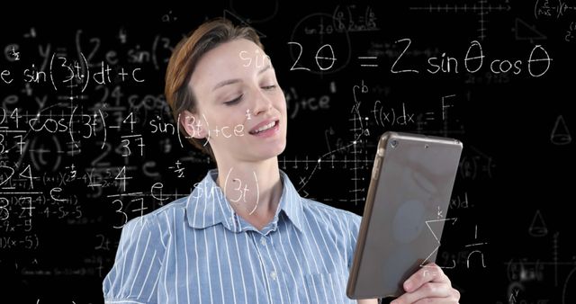This depicts a woman smiling while holding a tablet, faced with complex mathematical formulas on a blackboard. Ideal for content related to digital learning, online education, technology in classrooms, math tutoring, and e-learning platforms. Perfect for articles, educational websites, or promotional material aimed at showcasing modern education and STEM subjects.