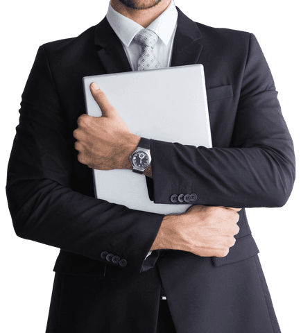 Transparent Midsection Businessman Holding Laptop and Smart Watch