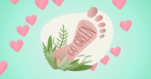 Go green footprint logo with falling hearts embraces eco awareness