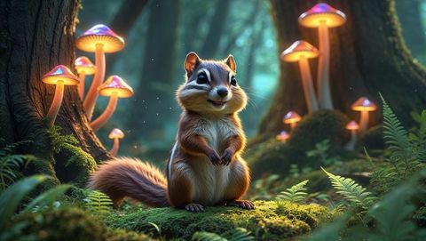 Enchanting woodland chipmunk and bioluminescent mushrooms
