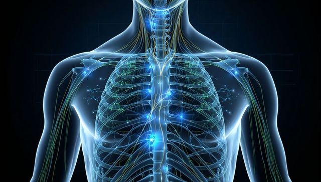 Translucent Torso Showing Thoracic Skeleton, Spinal Cord, Nerves and Lymphatic Network