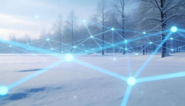 Blue digital network overlay connecting snowy winter landscape with glowing nodes and mesh