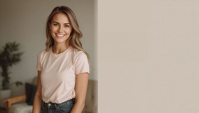 Smiling Woman in Contemporary Living Room with Minimalist Decor