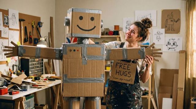 Female maker presenting handmade cardboard robot giving free hugs in creative workshop