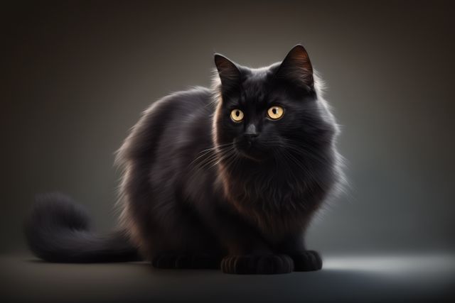 An elegant black cat with bright yellow eyes and fluffy fur, sitting attentively against a dark background. Ideal for use in pet care promotions, feline-themed artwork, or as an eye-catching addition to any website or project that features animals.