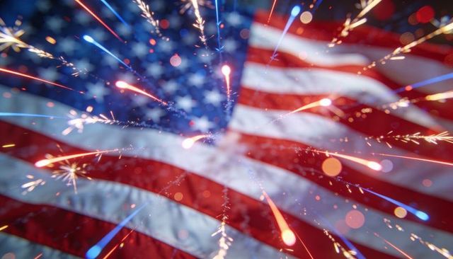 Waving american flag with fireworks and sparkling light streaks for patriotic celebration