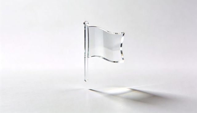 Floating crystal flag with prismatic refraction on clean white surface