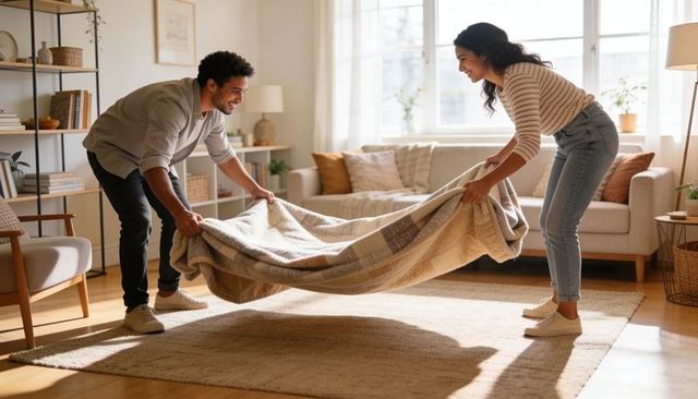 Smiling couple fluffing cozy blanket in sunlit minimalist living room for home lifestyle