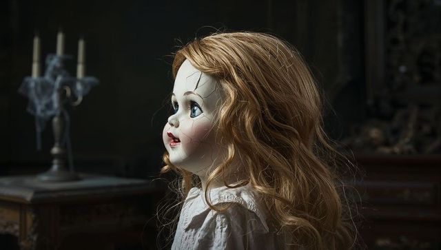 Creepy porcelain doll in eerie antique room with cobwebs
