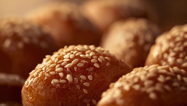 Macro sesame-topped bread rolls glazing with glossy golden crust, warm bokeh lighting