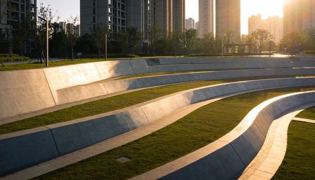 Curving concrete terraces and grass strips glowing in golden sunset urban plaza skyline