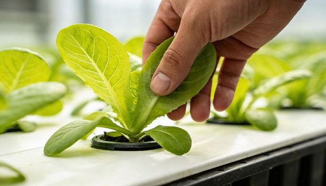 Hand inspecting romaine lettuce seedling in hydroponic channel for greenhouse growing