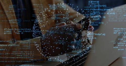 Tapping smartphone beside laptop with holographic code and global data visualization analytics