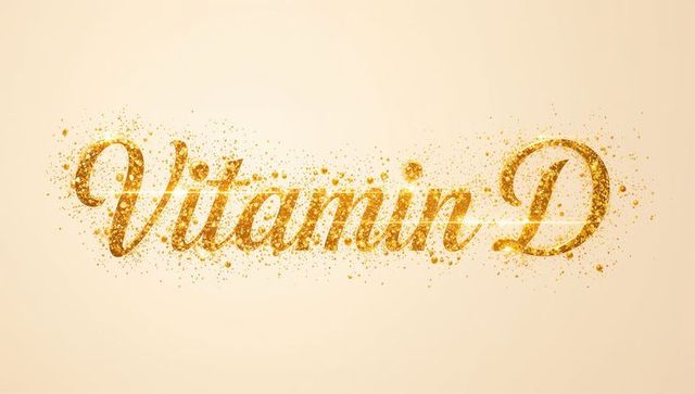 Shimmering Vitamin D Wordmark in Gold Glitter on Warm Beige Gradient