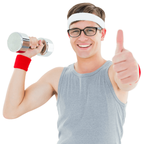 geeky hipster in sportswear holding dumbbell giving thumbs up - Download Free Stock Videos Pikwizard.com