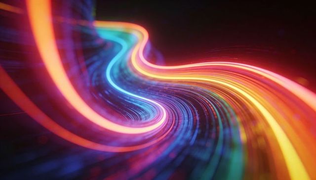 Flowing neon ribbon tracing S-shaped curve across dark digital space, glowing particles