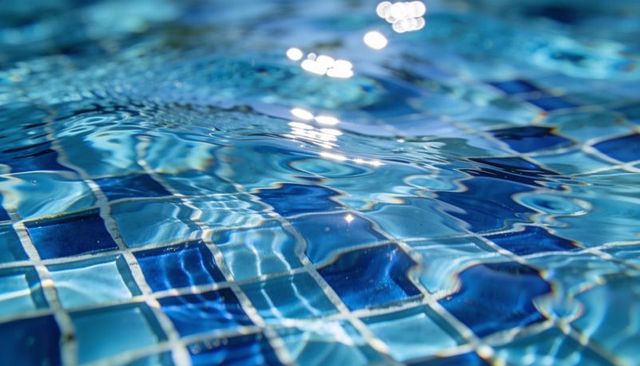 Sunlit pool tiles shimmering through rippling turquoise water surface