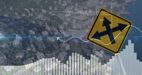 Global finance with cityscape and directional sign