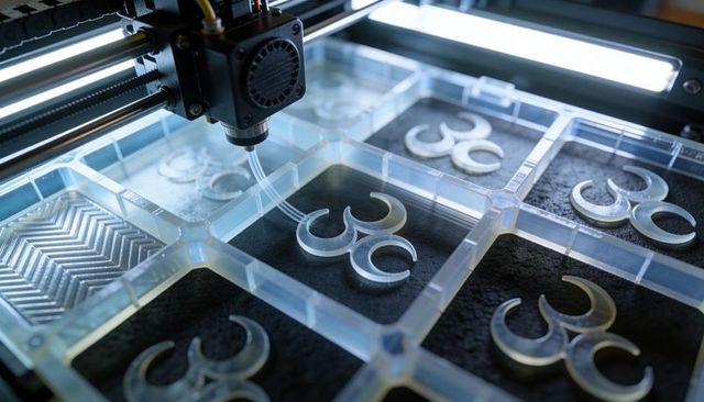 Printing clear crescent prototypes on modular tray with industrial 3d printer gantry