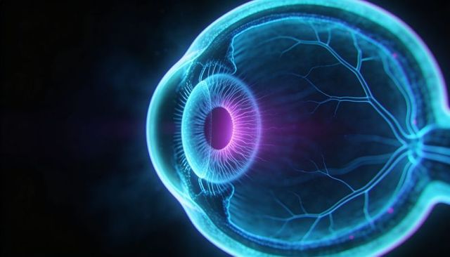 Neon cross-section human eye featuring cornea, iris, pupil, lens, retina cyan magenta glow