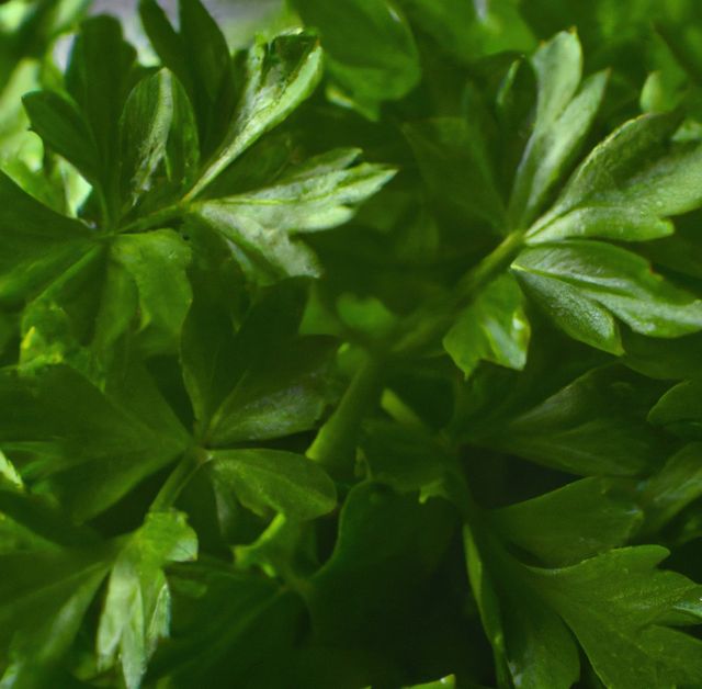 Close-up view of fresh green parsley leaves, focusing on the detailed textures and vibrant color. Perfect for food blogs, cooking magazines, healthy eating promotions, gardening websites, and natural product advertisements.